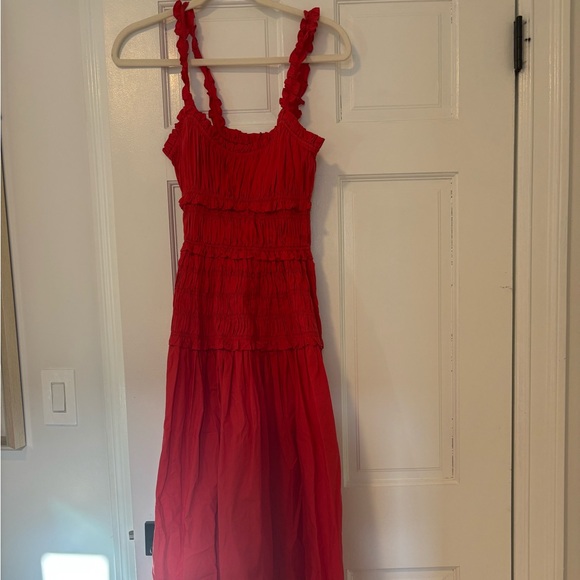 Doen Dresses & Skirts - Doen red Marianne shirred cotton-poplin midi dress